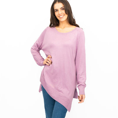 Evans Womens Asymmetric Top Lilac Longline Crew Neck Long Sleeve Relaxed Fit - Quality Brands Outlet