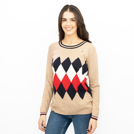 Lucy Argyle Jumper Beige Diamond Intarsia Long Sleeve Tops-Quality Brands Outlet-