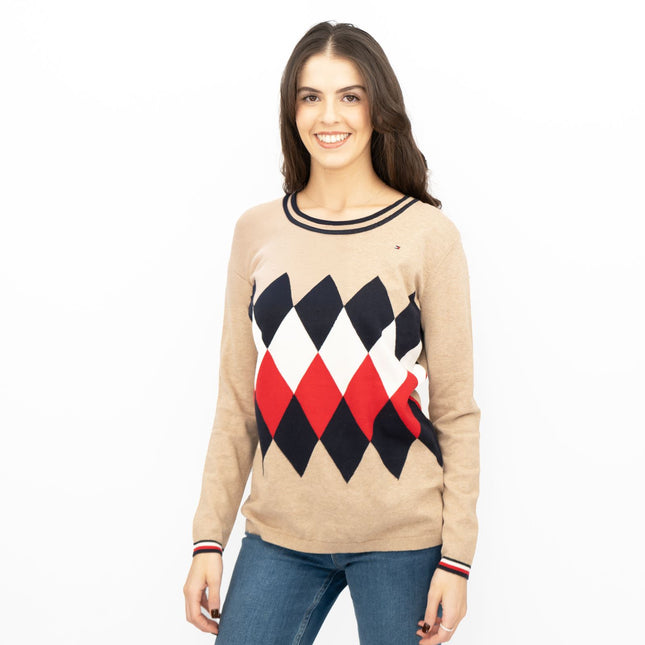 Lucy Argyle Jumper Beige Diamond Intarsia Long Sleeve Tops - Quality Brands Outlet