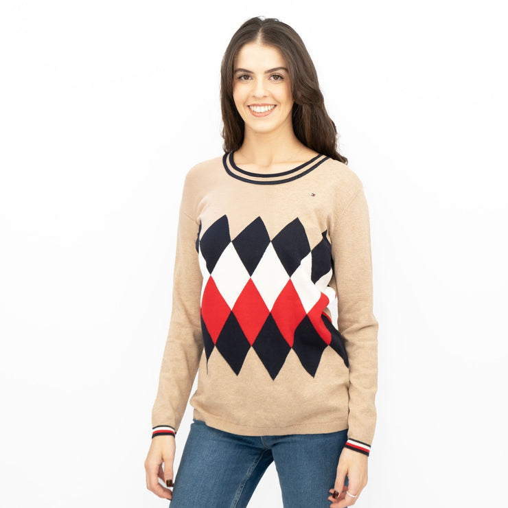 Lucy Argyle Jumper Beige Diamond Intarsia Long Sleeve Tops - Quality Brands Outlet
