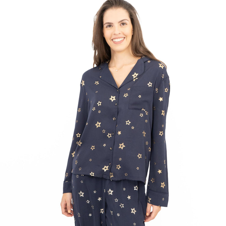 M&S Navy Star Print Long Sleeve Pyjama Set for Women Christmas PJs Loungewear Marks & Spencer - Quality Brands Outlet