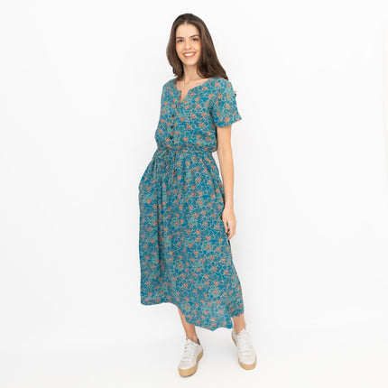 Seasalt Teal True Note Painted Rose Midi Dress-Quality Brands Outlet-