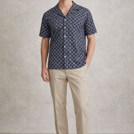 Mens Shirts Short Sleeve Cuban Collar Navy Geo Print - Quality Brands Outlet