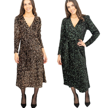 Velvet Sequin Wrap Midi Dress Sparkle Bronze - Quality Brands Outlet