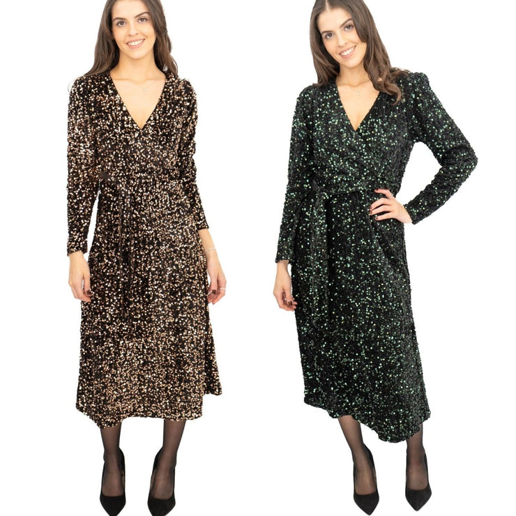 Velvet Sequin Wrap Midi Dress Sparkle Bronze - Quality Brands Outlet