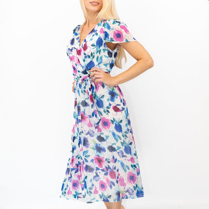 DKNY Midi Dress Floral Flutter Sleeve-Quality Brands Outlet-