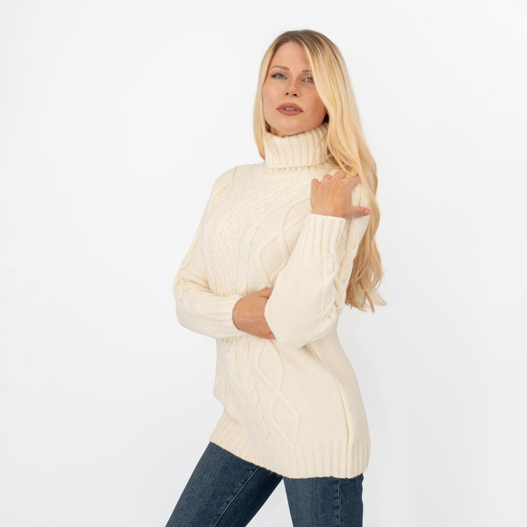 Womens Ivory Cable Knit Longline Jumper - Cozy Roll Neck Sweater