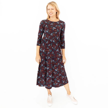Seasalt Burgundy Leaves Line Strokes Midi Dress-Quality Brands Outlet-