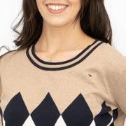Lucy Argyle Jumper Beige Diamond Intarsia Long Sleeve Tops - Quality Brands Outlet