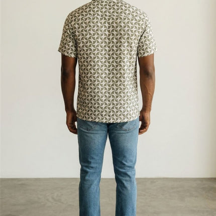 Mens Shirts Short Sleeve Olive Green Geo Print - Quality Brands Outlet