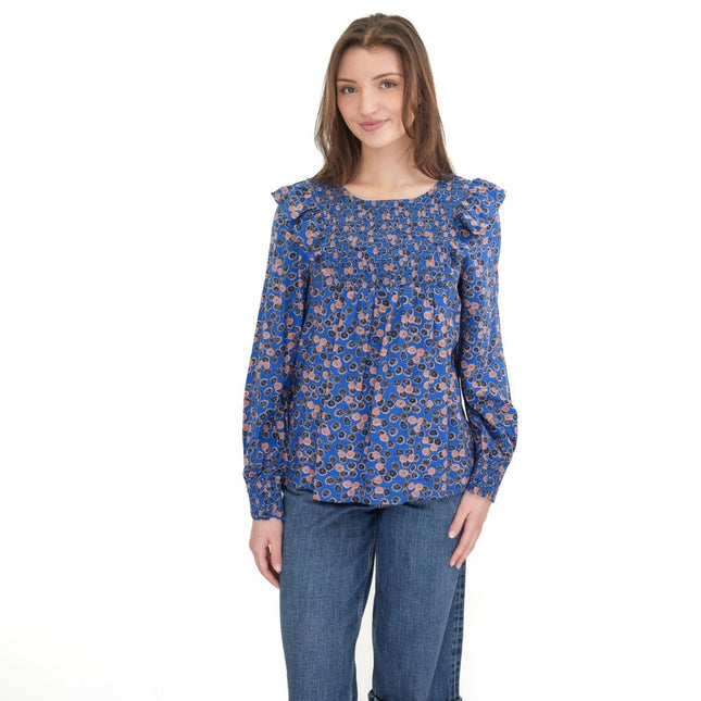 White Stuff Sylvie Top Blue Floral Print Elasticated Crew Neck Long Sleeve - Quality Brands Outlet