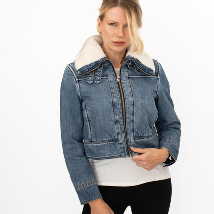 Mango Womens Shearling Denim Jacket - Quality Brands Outlet