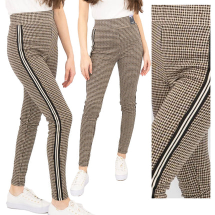 M&S Womens Leggings in Brown Check Pattern with Stripe Details