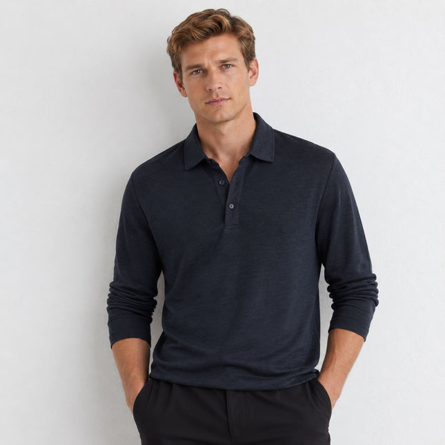 Mens Tops Long Sleeve Pembroke Linen Knitted Polo - Navy