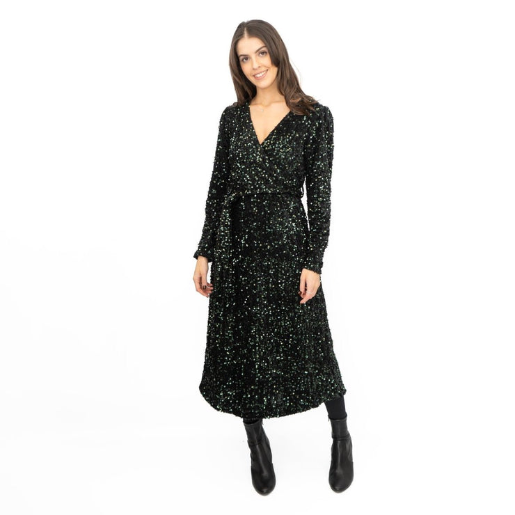 Velvet Sequin Wrap Midi Dress Sparkle Green - Quality Brands Outlet