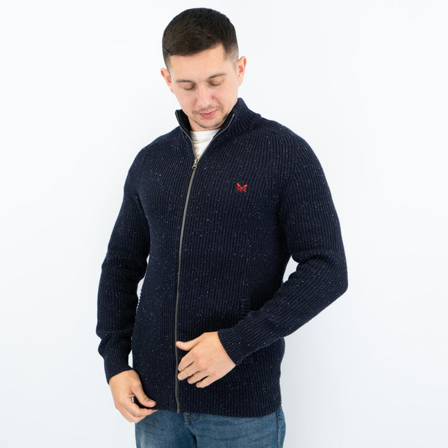 Crew Clothing Mens Chunky Knit Jacket Zip Up Navy Flecks-Quality Brands Outlet-