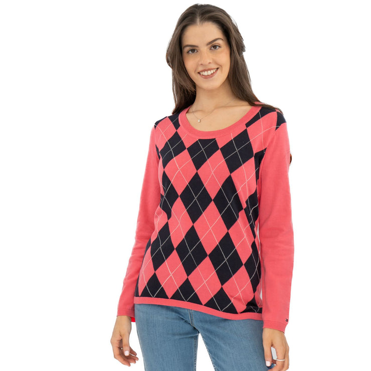 Lucy Argyle Jumper Pink Diamond Intarsia Long Sleeve Tops - Quality Brands Outlet