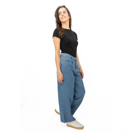 M&S Linen Blend Denim Wide Leg Blue Jeans