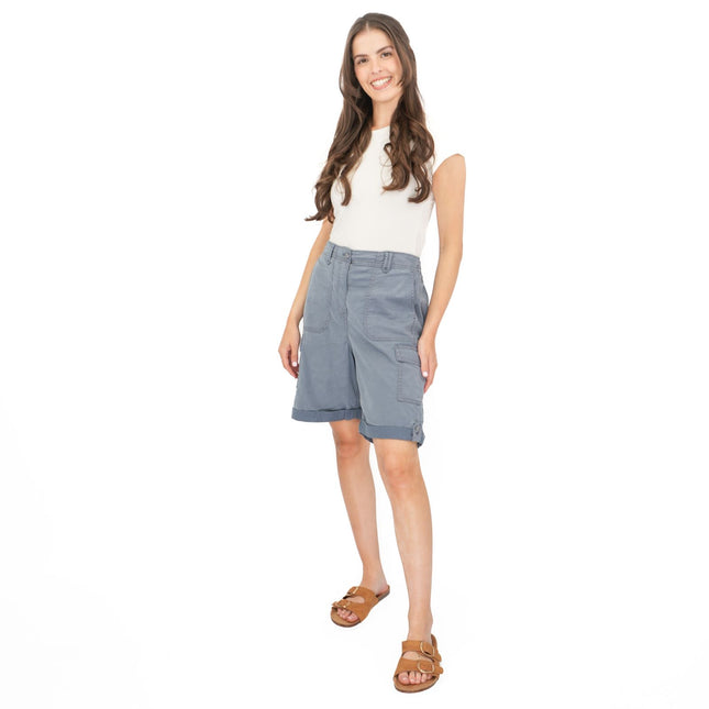M&S Cargo Shorts Elastic Waist Cotton Lyocell Blue Turn Up - Quality Brands Outlet