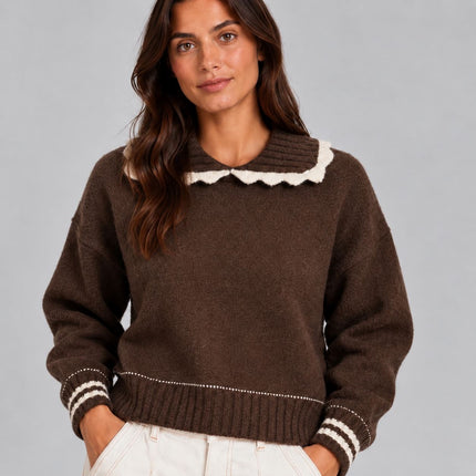 Womens Jumper Knitwear Chocolate Brown Scalloped Neck Collar