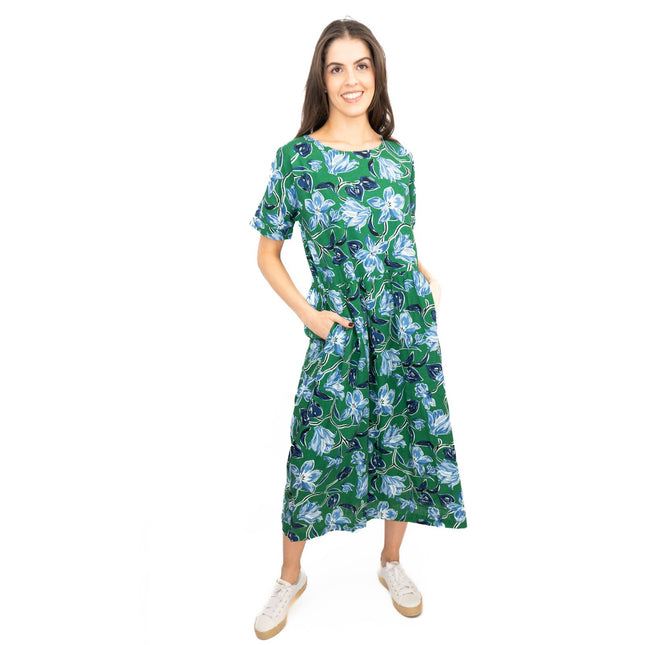 Seasalt Green Brouse Organic Floral Short Sleeve Midi Dress-Quality Brands Outlet-