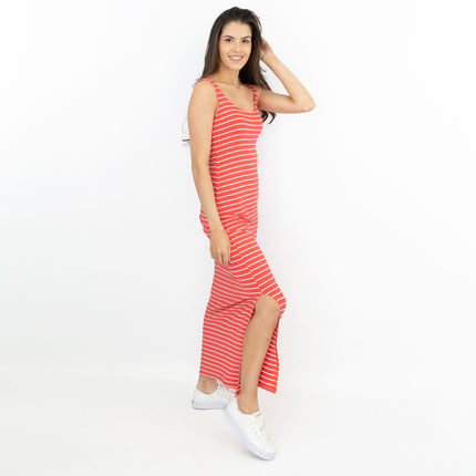 Karen Millen Red Stripe Scoop Neck Sleeveless Stretchy Maxi Long Slit Dresses-Quality Brands Outlet-