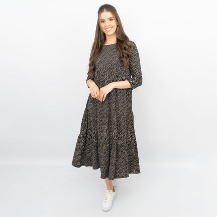 Seasalt Black Ditsy Cotton Strokes Jersey 3/4 Sleeves Knee Length Dresses