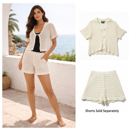 Ivory Crochet Knit Tops Co-Ord Scalloped Hem Short Sleeve Summer-Quality Brands Outlet-