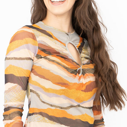 Warehouse Brown Abstract Print Keyhole Long Sleeve Mesh Tops-Quality Brands Outlet-