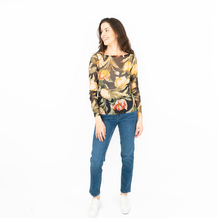 Karen Millen Floral Tulip Mesh Top Womens Long Sleeve Round Neck-Quality Brands Outlet-