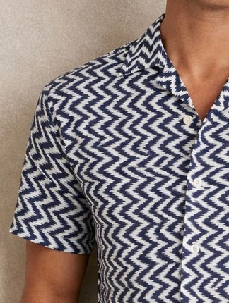 Mens Florida Chevron Print Shirt Cuban Collar Navy - Quality Brands Outlet