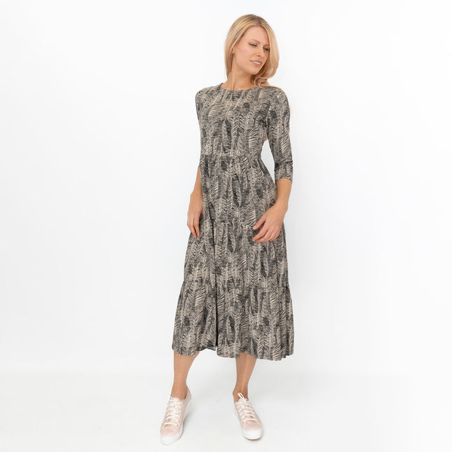 Seasalt Beige & Black Leaves Cotton Line Strokes Midi Dress-Quality Brands Outlet-