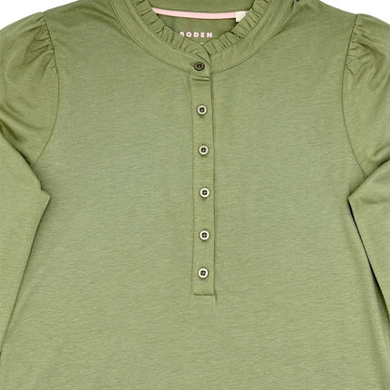Boden Light Green Supersoft Frill Henley Top Cotton Modal Slim Fit - Quality Brands Outlet