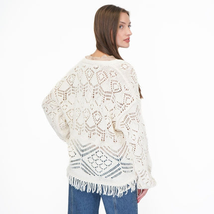 M&S Knitted V-Neck Fringe Cropped Cardigan Boho-Chic Natural Ivory-Quality Brands Outlet-