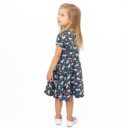 Frugi Girls Dress Skater Indigo Navy Wild Horses Pretty Cotton Short Sleeve