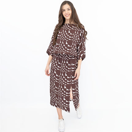 Jasper Conran Beau 3/4 Sleeve Brown Print Boat Neck Relaxed Fit Midi Dresses with Split and Pockets