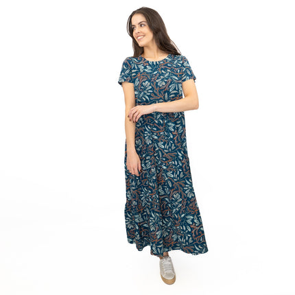 Seasalt Teal Green Line Strokes Floral Short Sleeve Midi Dress-Quality Brands Outlet-