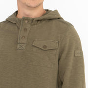 Men's Khaki Green Pockets Half Button Cotton Jersey Sweatshirts Hoodie Sweat Tops