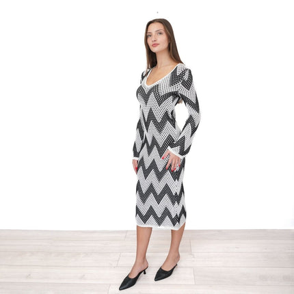 M&S Black White Crochet Chevron Midi Dress-Quality Brands Outlet-