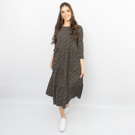 Seasalt Black Ditsy Cotton Strokes Jersey 3/4 Sleeves Knee Length Dresses