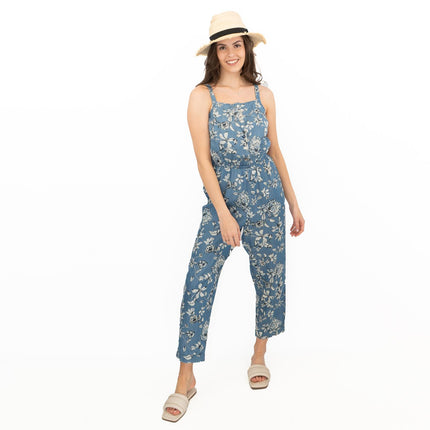 Summer Jumpsuits Blue Floral Print Sleeveless Strappy Crop Leg Elasticated Waist Playsuit