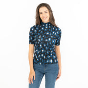 Karen Millen Womens Blue Abstract Short Sleeve High Neck Top