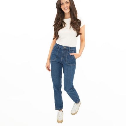 M&S Slim Leg Ankle Grazer Stretch Elasticated Cuff Dark Blue Jeans - Quality Brands Outlet