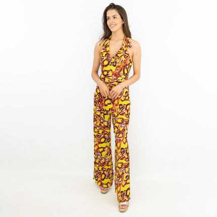 Karen Millen Yellow Gold Chain Print Sleeveless Wide Leg Stretchy Collared Jumpsuits-Quality Brands Outlet-