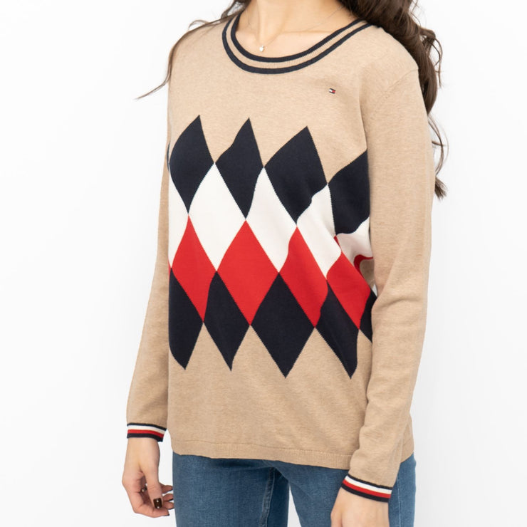 Lucy Argyle Jumper Beige Diamond Intarsia Long Sleeve Tops - Quality Brands Outlet