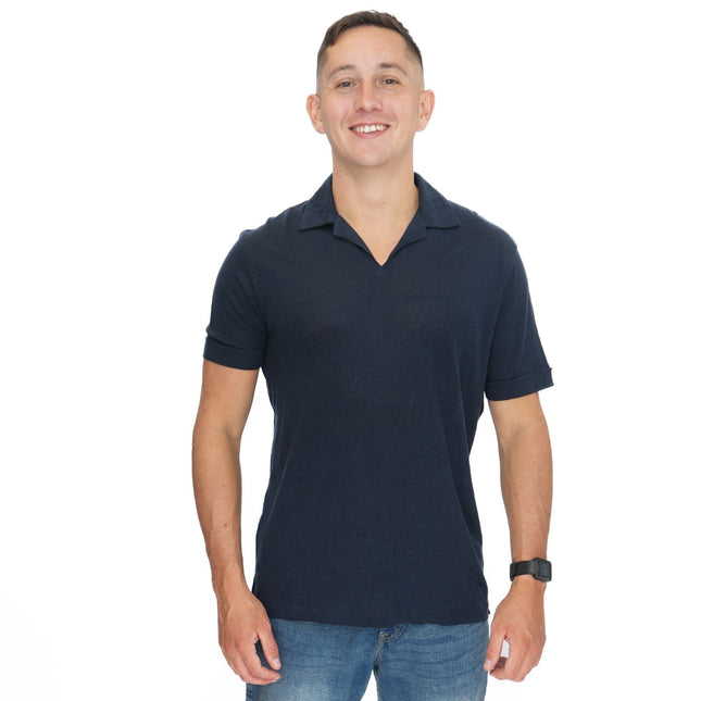 M&S Navy Pure Linen Polo Shirts-Quality Brands Outlet-