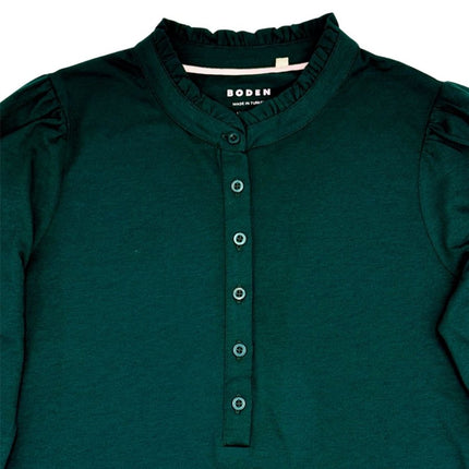 Boden Dark Green Supersoft Frill Henley Top Cotton Modal Slim Fit-Quality Brands Outlet-