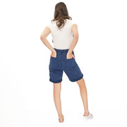 M&S Cargo Shorts Elastic Waist Cotton Lyocell Navy Blue Turn Up - Quality Brands Outlet