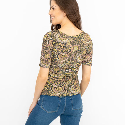 Oasis Green Paisley Print V-Neck Short Sleeve Tops-Quality Brands Outlet-