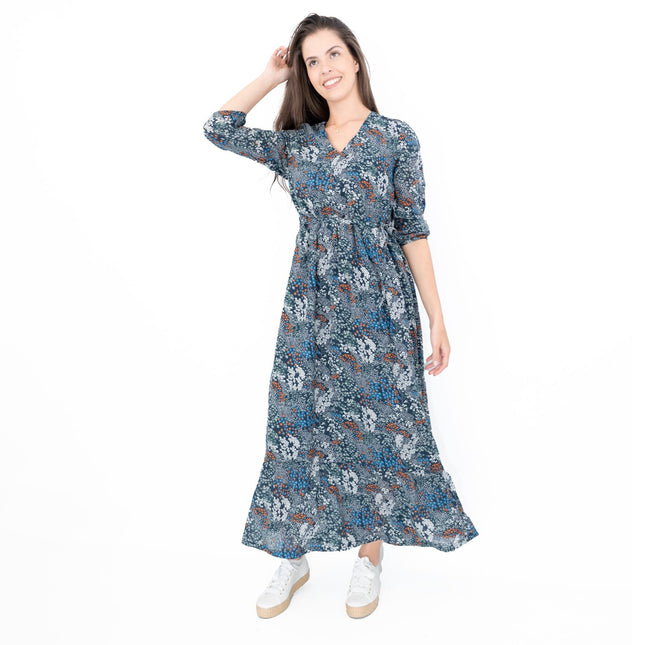 Seasalt Navy Corn Marigold Floral Print 3/4 Sleeve Maxi Dress-Quality Brands Outlet-